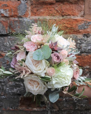 Bridal Bouquet Featuring - White O'Hara Rose - Succulents - Bombastic Spray Rose - Astilbe  - Senecio - Olive & Eucalyptus 