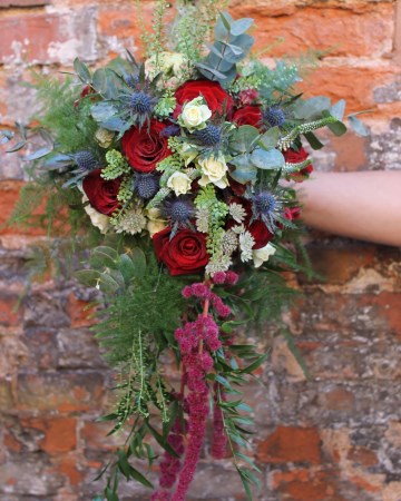 Cascading Bridal Bouquet Featuring - Red Naomi Rose - Blue Eryngium - Spray Rose - Marsala Amaranthus - Eucalyptus & Soft Ruscus 