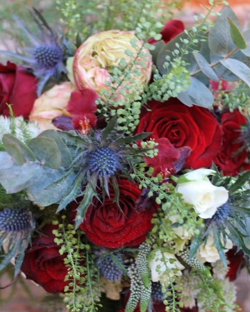 Cascading Bridal Bouquet Featuring - Red Naomi Rose - Blue Eryngium - Spray Rose - Marsala Amaranthus - Eucalyptus & Soft Ruscus 