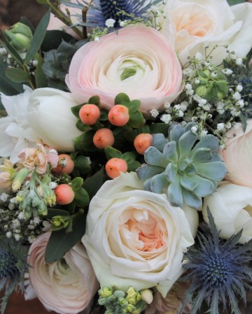 Bridal Bouquet Featuring - White O'Hara Rose - Peach Hypericum - Stocks - Blue Eryngium - White Tulips - Succulents & Eucalyptus