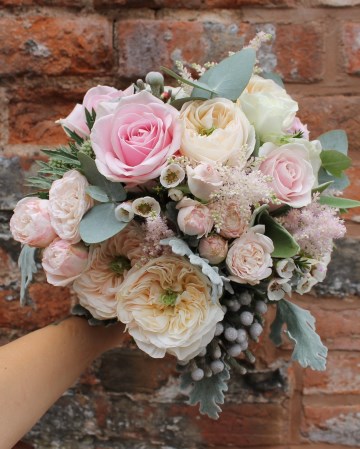 Bridal Bouquet Featuring Sweet Avalanche Rose - VIP "Clarity" Rose  - Bombastic Spray Rose - Waxflower - Astilbe - Brunia - Eucalyptus & Senico 