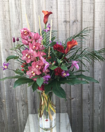 Corporate Vase Display - Office  Flowers - Autumnal Theme - Cymbidum Orchid - Calla Lilly - Clematis - Dianthus - Palm 