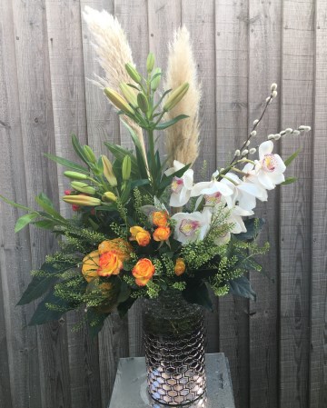 Corporate Vase Display - Office  Flowers - Autumnal Theme - Cymbidum Orchid - Spray Rose - Pampas Grass - Asiatic Lilly 
