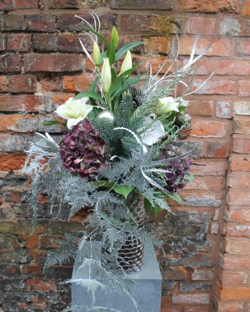 Corporate Vase Display - Office  Flowers - Winter Theme - Lillies - Hydrangea - Trailing Silver Fern - Spruce - lobby flowers 