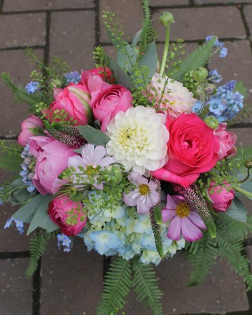 summer bridal bouquet - cerise - pale pink - pale blue flowers - cerise rose - tulips - ranunculus - dahlia - oxypetelum -veronica 