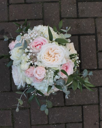 bridesmaid bouquet - blush and ivory flowers - blush rose - white o'hara rose - grey foliage - eucalyptus - gypsohilia 
