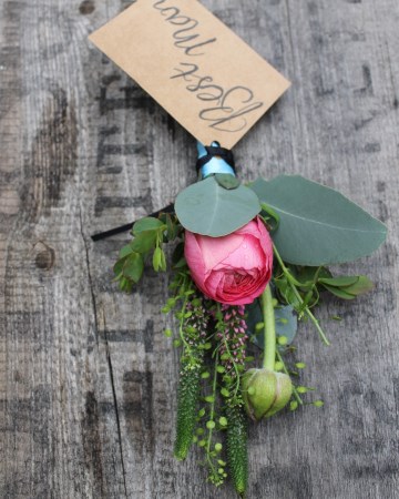 gents buttonhole - best man flowers - pink ranunculus - eucalyptus - thlaspi 