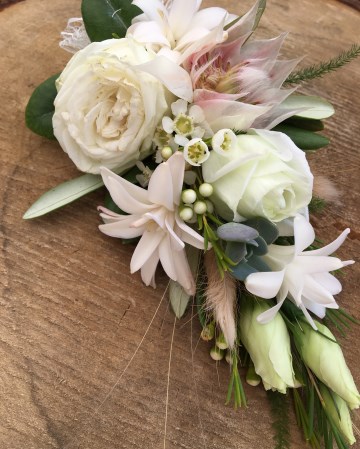 Mother of the bride corsage - blush and neutral design to match bridal bouquet - lisinathus - spray rose - tuberose - brunia 
