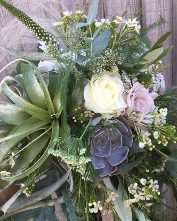 bridal bouquet - wild offset design - blush pink and neutral flowers - grey foliages - air plants - succulents - blush rose - ivory rose - pampas feathers 