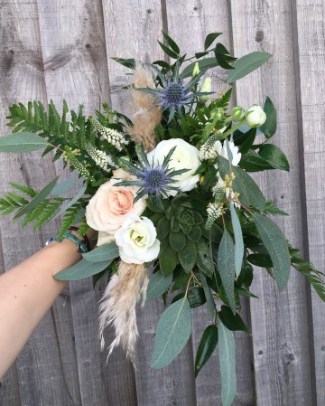 bridesmaids bouquet - wild offset design - blush neutral flowers with greay tone foliages - blush rose - eucalyptus - pampas grass - feathers 
