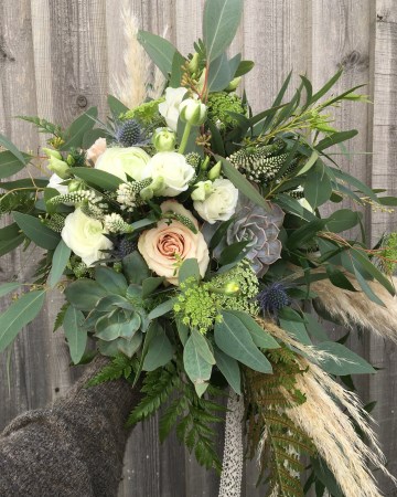 bridal bouquet - wild offset design - blush and ivory flowers - suculents - quicksand rose - white lisianthus - ivory rose - pampas grass 