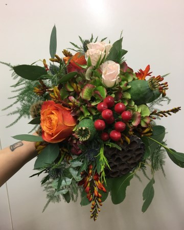 bridesmaids bouquet - autumnal flowers - hypericum berry - burnt orange rose - dried lotus heads - poppy heads - hydrangea 