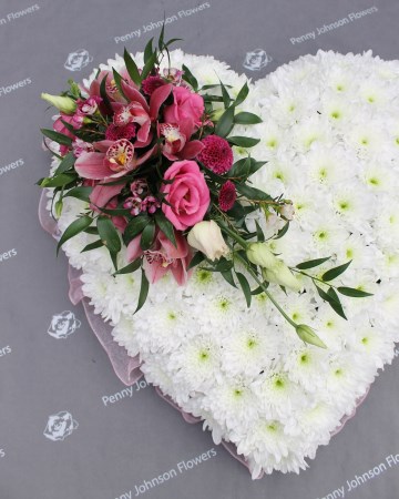 heart floral tribute - based white chrysanthemums with pink spray
