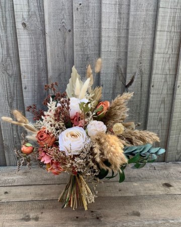 bridal bouquet dried pampas and silk flowers - rustic colours - deep orange brown and sand coloured dried floral 