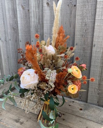 bridal bouquet- dried pampas -dried flowers and silk flowers- rustic brown deep orange and sand coloured dried floral 