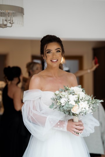 wedding at Thorpe Garden -ivory and white flowers featuring Avalanche Roses, Gypsophilia, Ammi Marjus, Lisianthus and Eucalyptus - Ivory Bridal Bouquet and Bridesmaids Bouquet - Black tie wedding