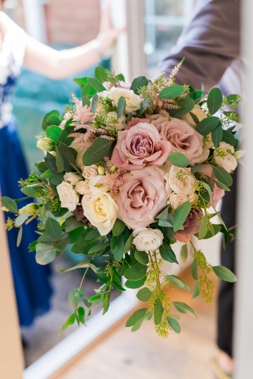 Bridal bouquet - quicksand roses- porcelina spray rose - blush Astilbe - Berried Eucalyptus - avalanche Roses 